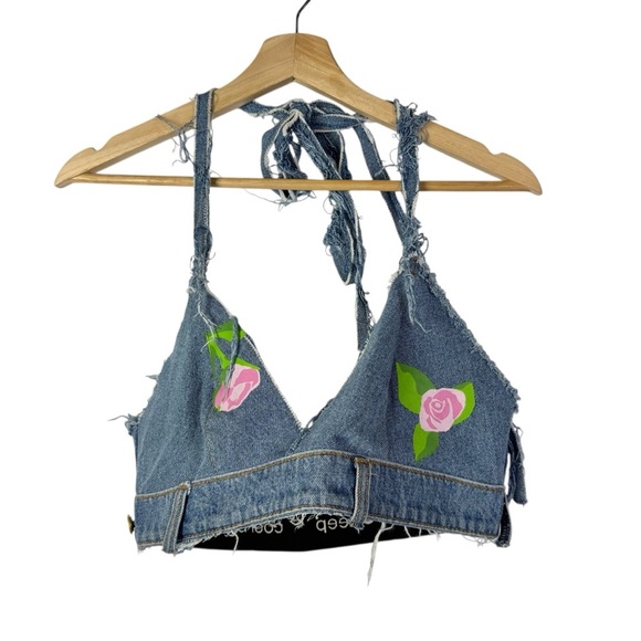 Natasha Zinko Blue Denim Upcycled Rose Floral Cropped Tank Top M - Picture 1 of 5